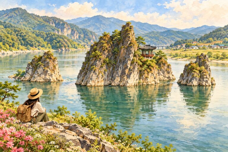 Illustration inspired by Danyang's Dodamsambong with three river rock formations and a small pavilion.