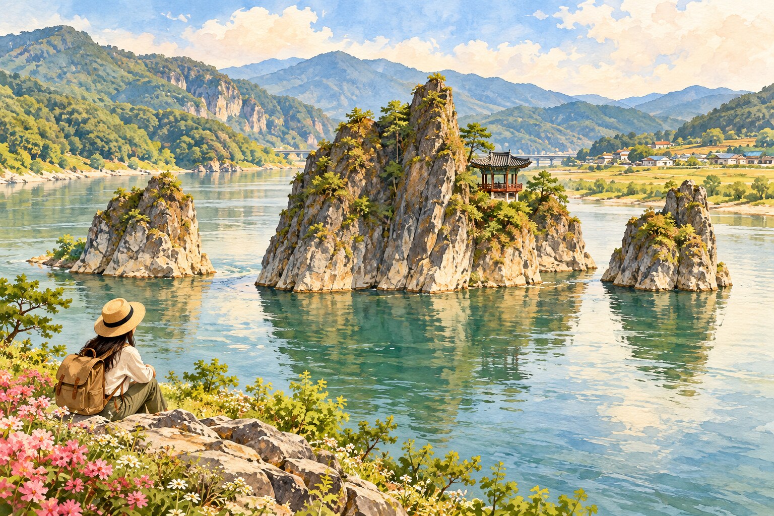 Illustration inspired by Danyang's Dodamsambong with three river rock formations and a small pavilion.