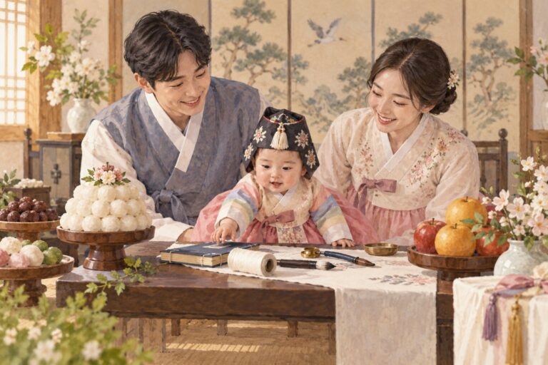 A baby in hanbok sits with their parents beside a first birthday table with a book and thread