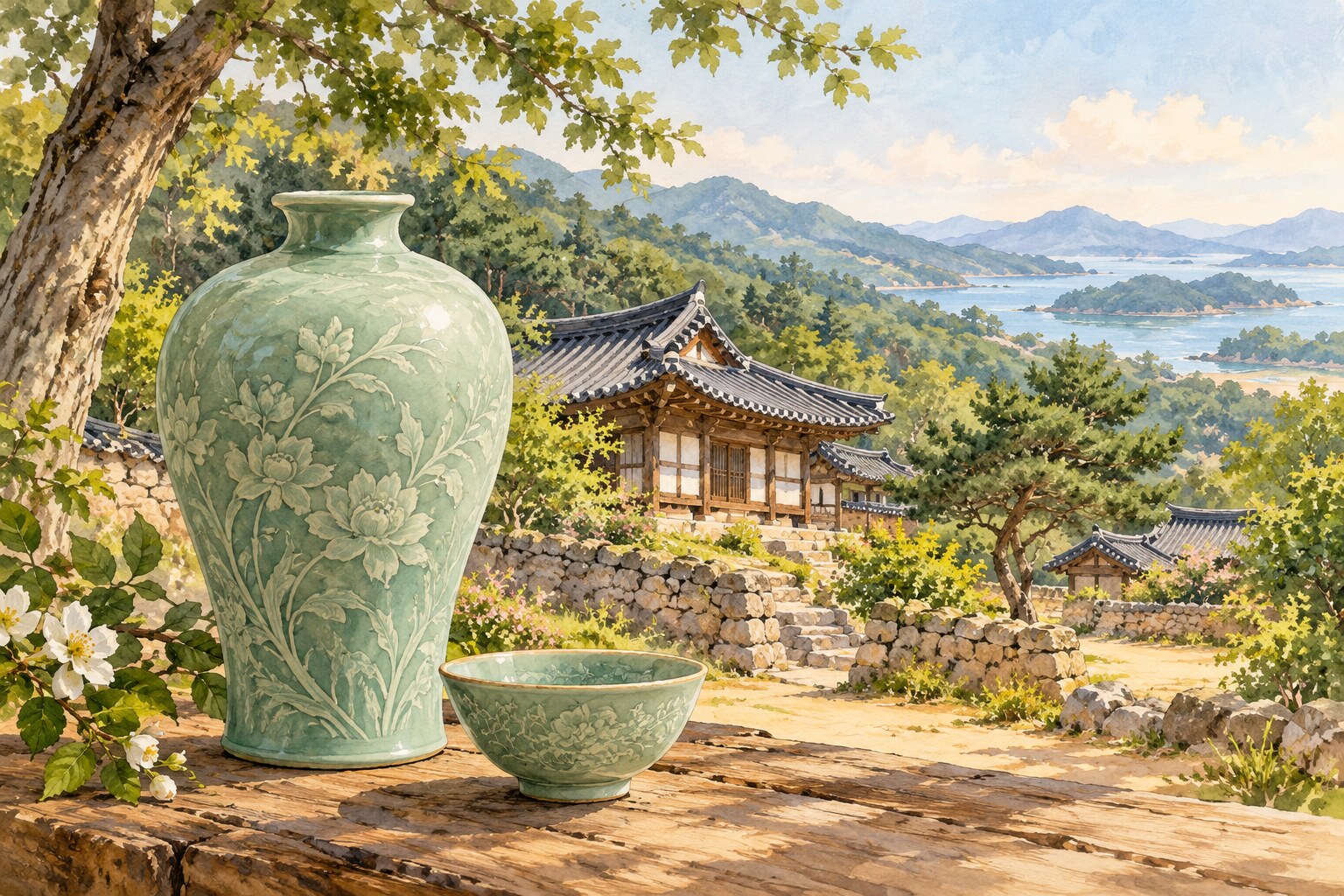 Conceptual watercolor illustration combining pale green celadon pottery and a wooded Korean scholar's retreat.