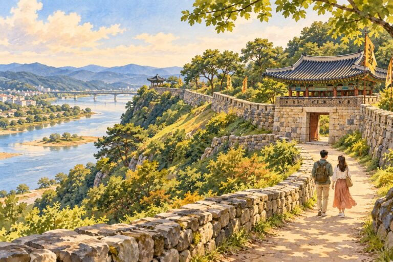 Illustration inspired by Gongju's wooded fortress walls and a traditional gate above the Geumgang River.