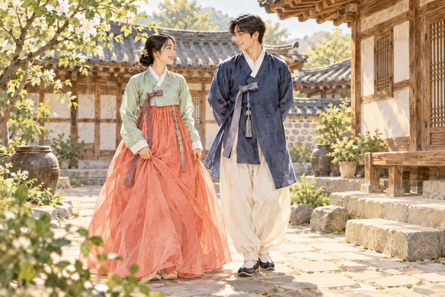 Watercolor illustration of two adults wearing hanbok in a Korean courtyard.