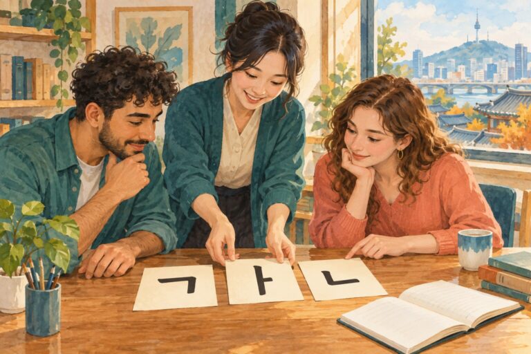 Watercolor illustration of adult learners studying Korean letters with a teacher.