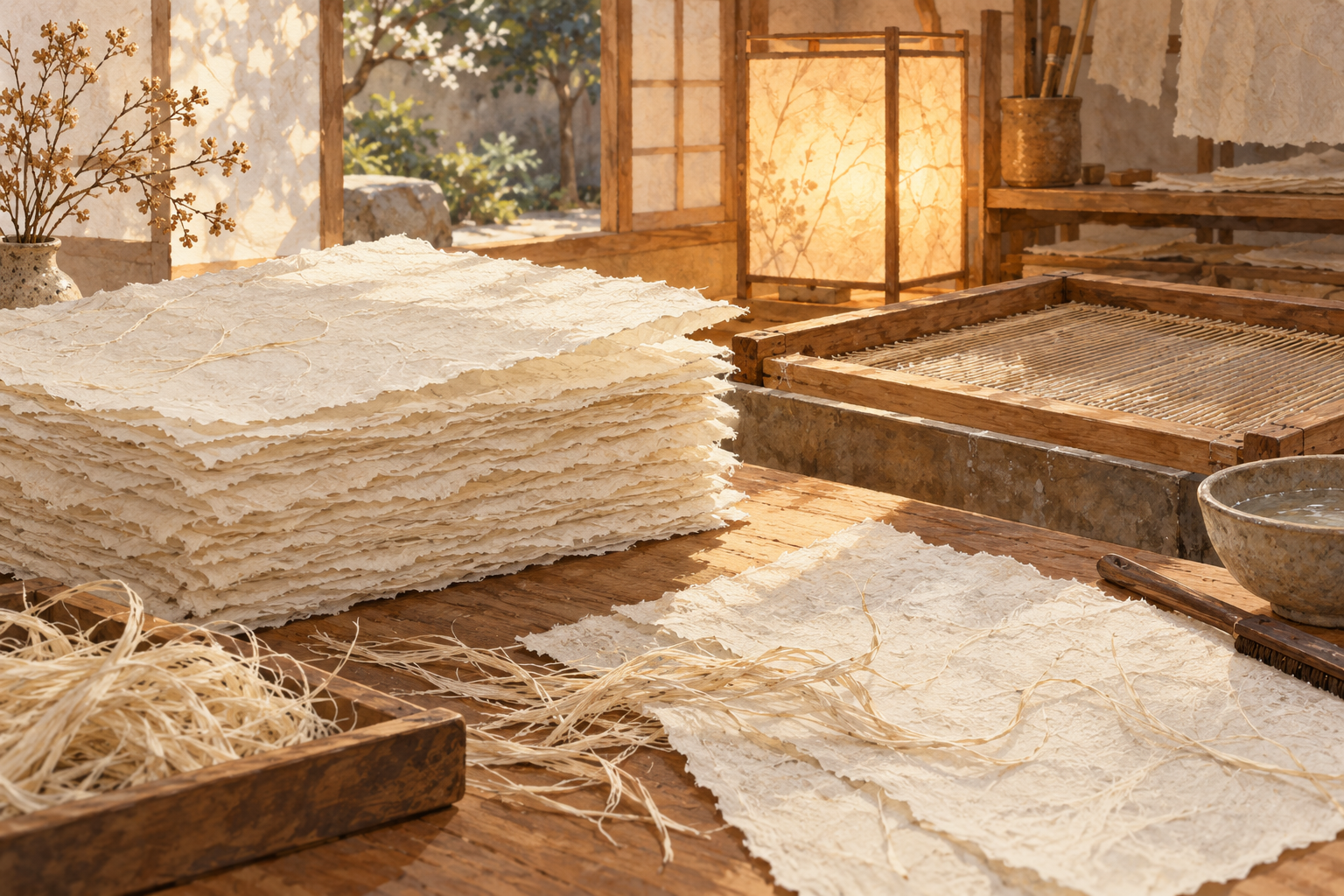 Illustration of traditional Korean hanji papermaking.