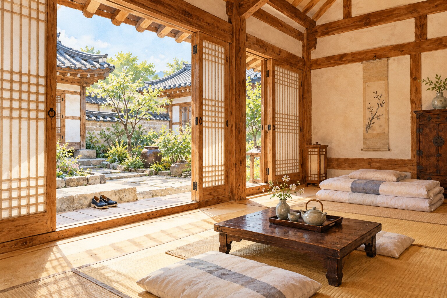 Watercolor illustration of a hanok guestroom with floor bedding, a low tea table and an open courtyard.