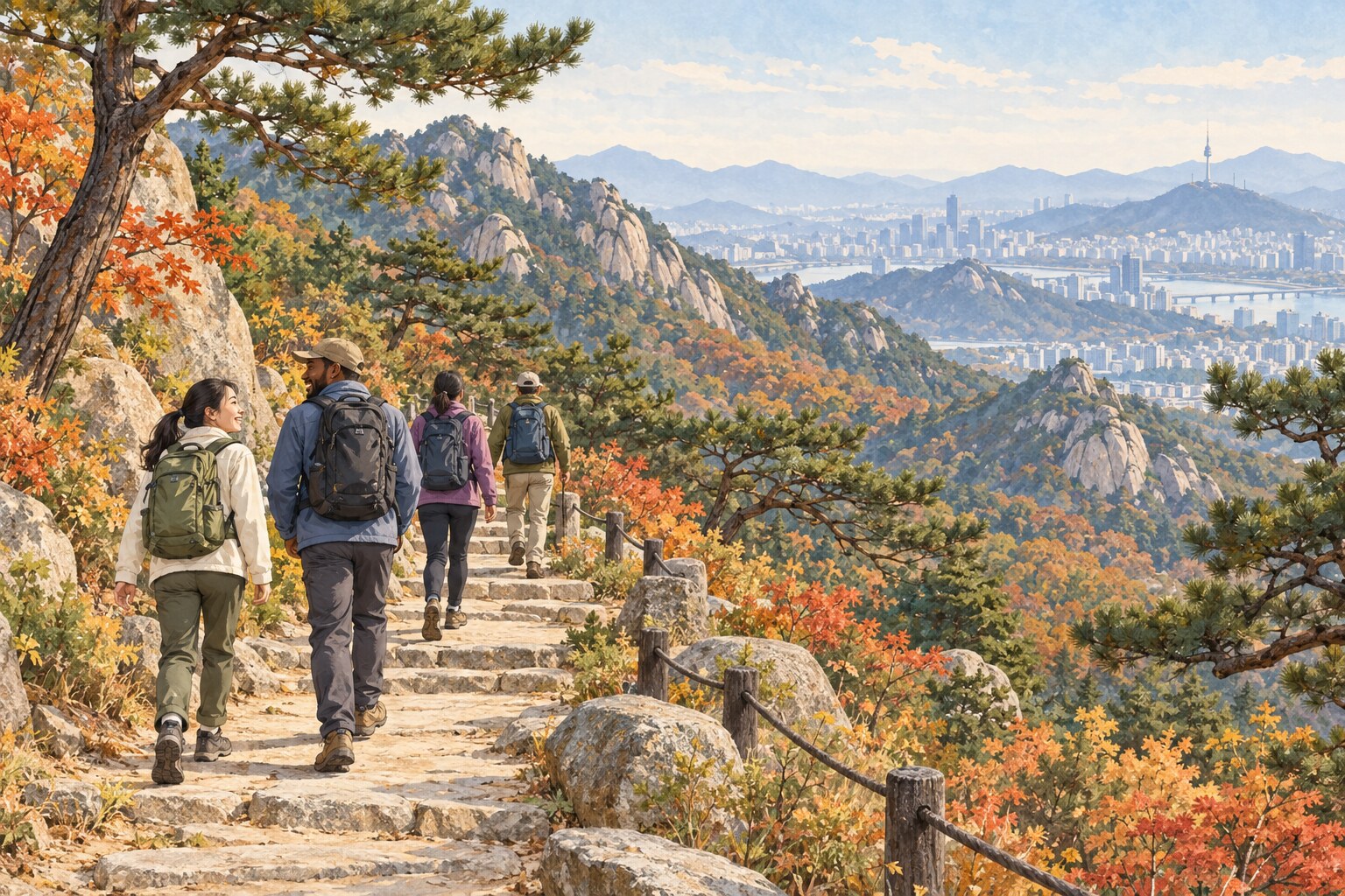 Watercolor illustration of hikers following a mountain trail above a Korean city.