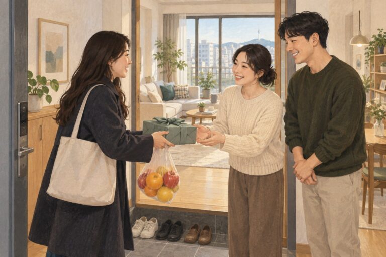 A guest gives a small present and fruit to hosts at the entrance of a Korean apartment