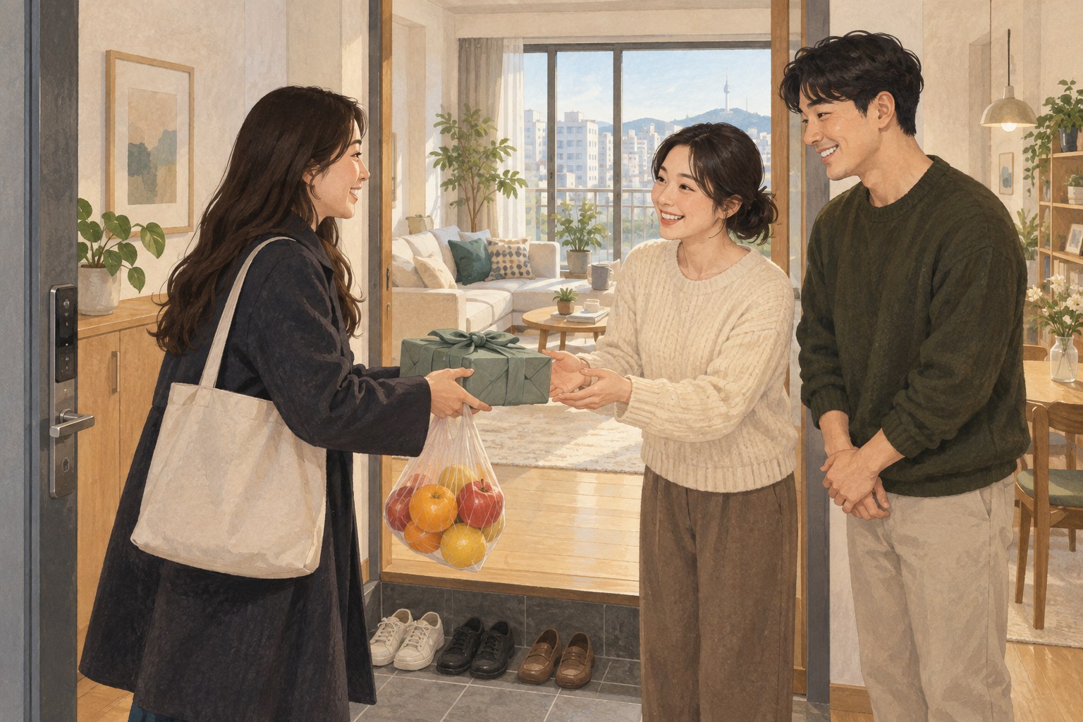 A guest gives a small present and fruit to hosts at the entrance of a Korean apartment