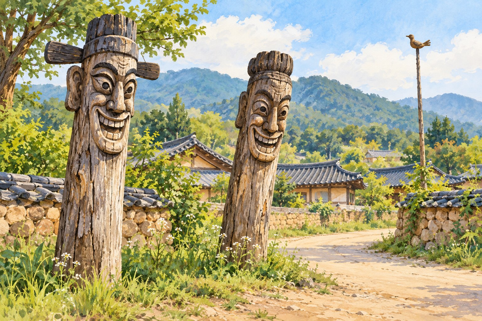Illustration of two expressive wooden jangseung guardian posts at a Korean village entrance, with a bird-topped sotdae in the distance.