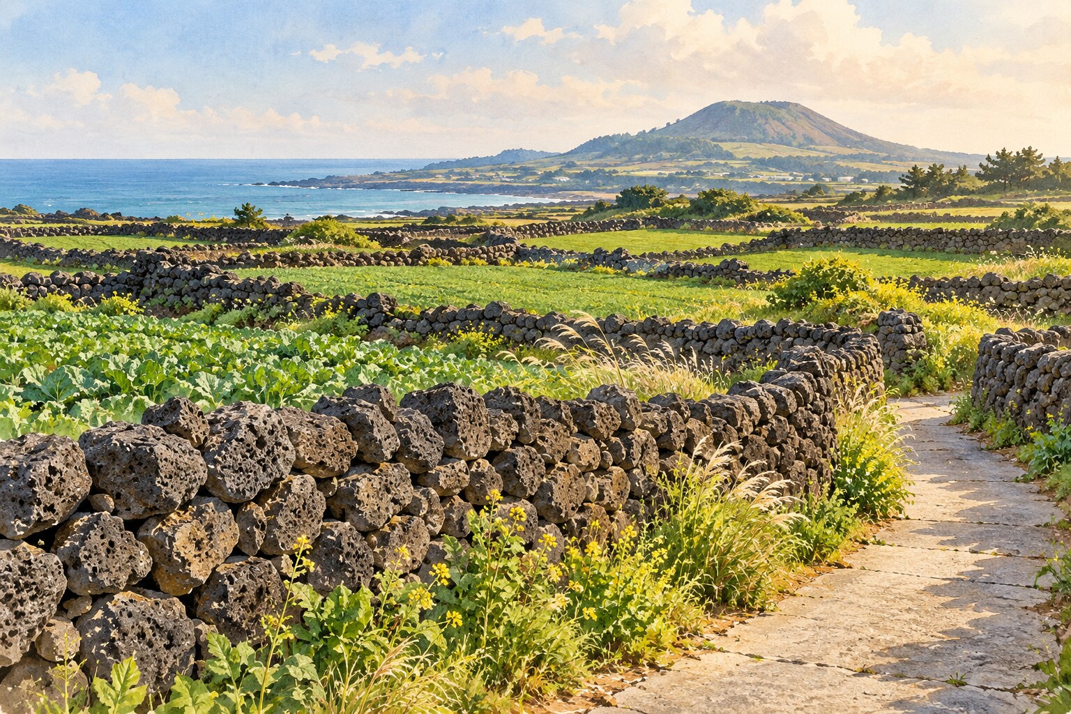 Illustration of dark volcanic-stone batdam walls separating green fields beside a walking lane on Jeju.