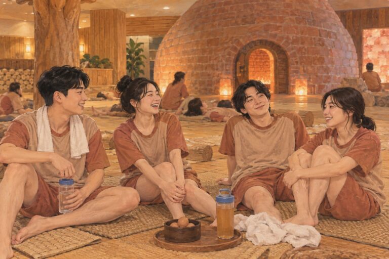 Adult friends wearing jjimjilbang uniforms relax and chat on mats in a communal lounge