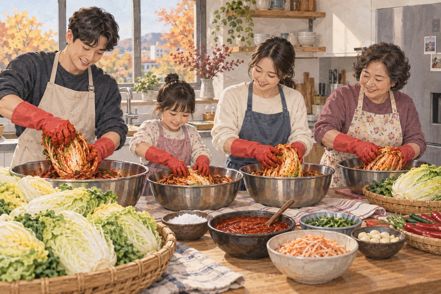 Family members wearing aprons and gloves prepare cabbage kimchi together