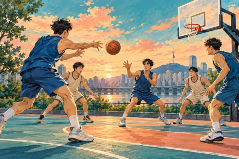 Illustration of basketball players passing the ball on an outdoor court.