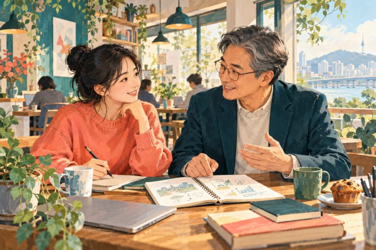 Illustration of a young adult and mentor discussing plans together in a cafe.