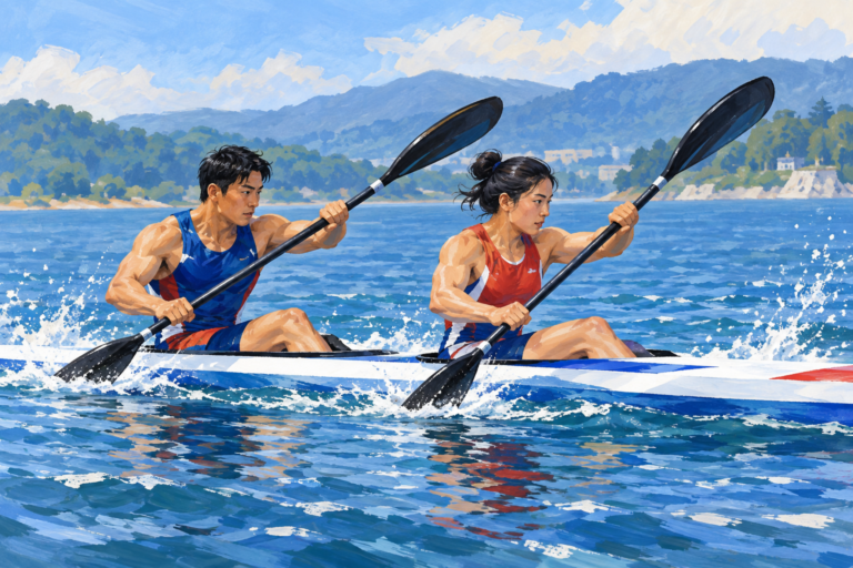 Conceptual illustration of two anonymous athletes paddling a double kayak together.