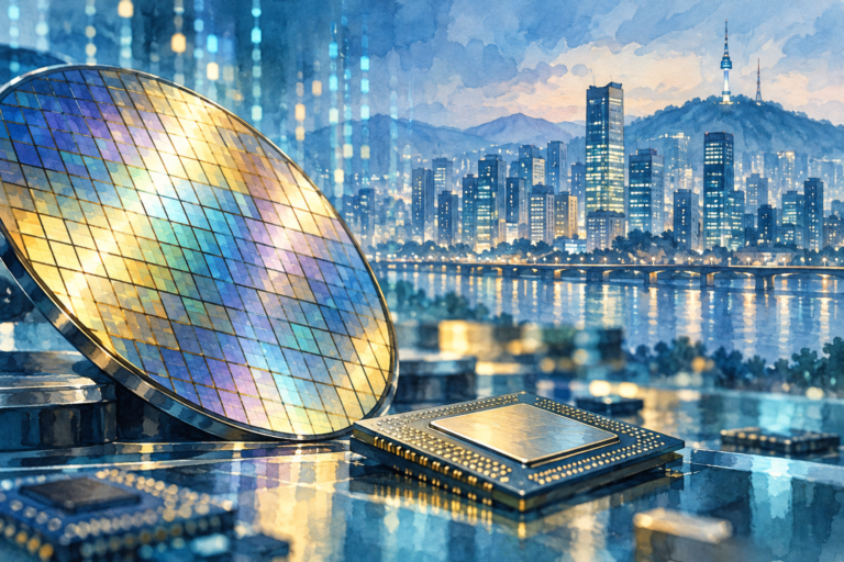 Conceptual illustration of a semiconductor wafer and microchip with a Korean city skyline.