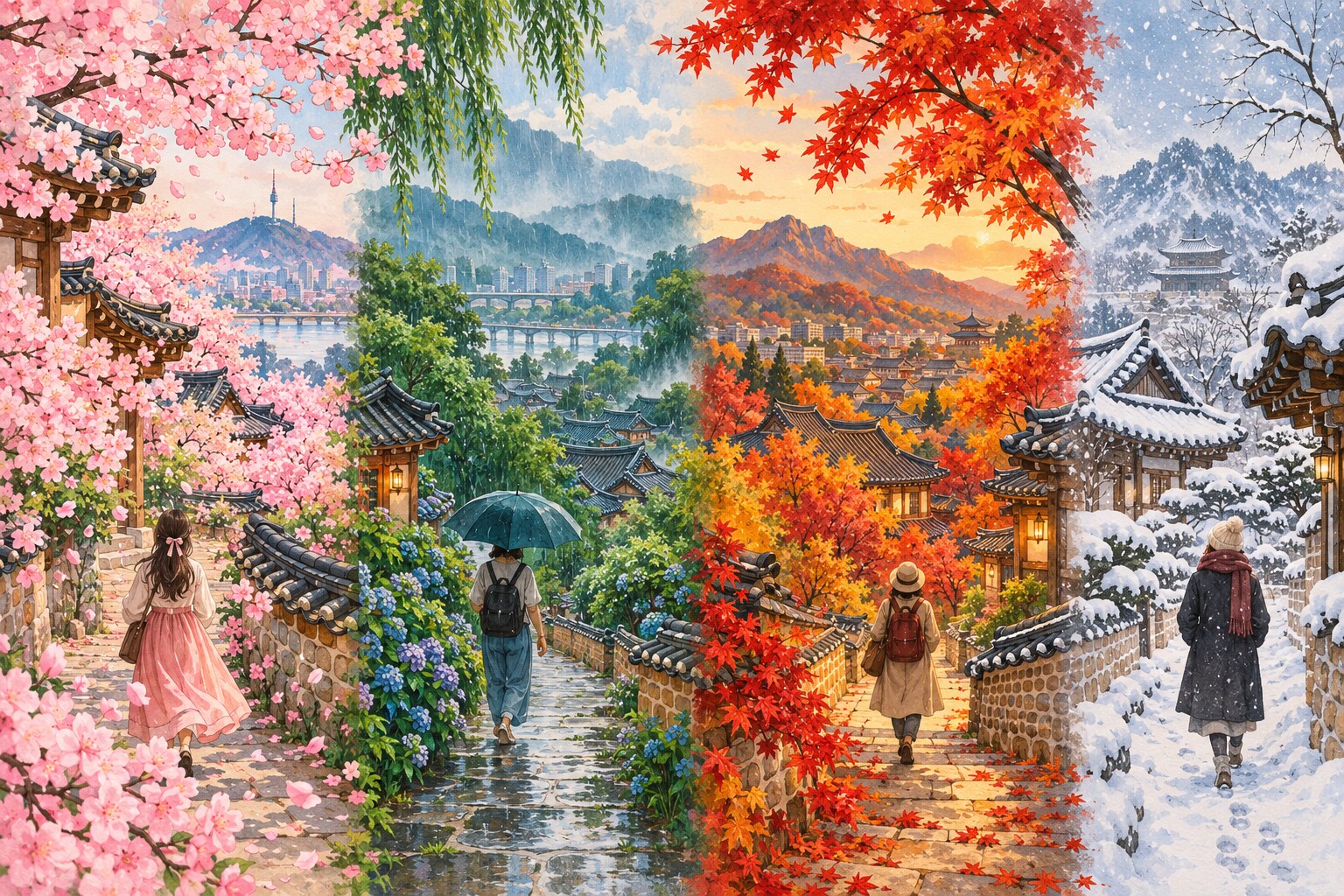 Illustration of Korean hanok streets across cherry blossom spring, rainy summer, autumn foliage and snowy winter.