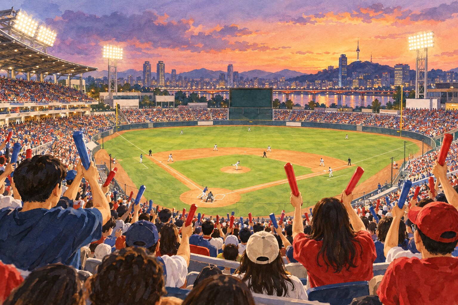 Watercolor illustration of spectators with unbranded cheering sticks watching a baseball game in a Korean stadium.