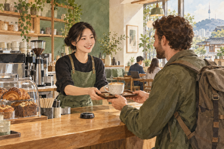 Illustration of a traveler collecting coffee from a barista in a Korean cafe.