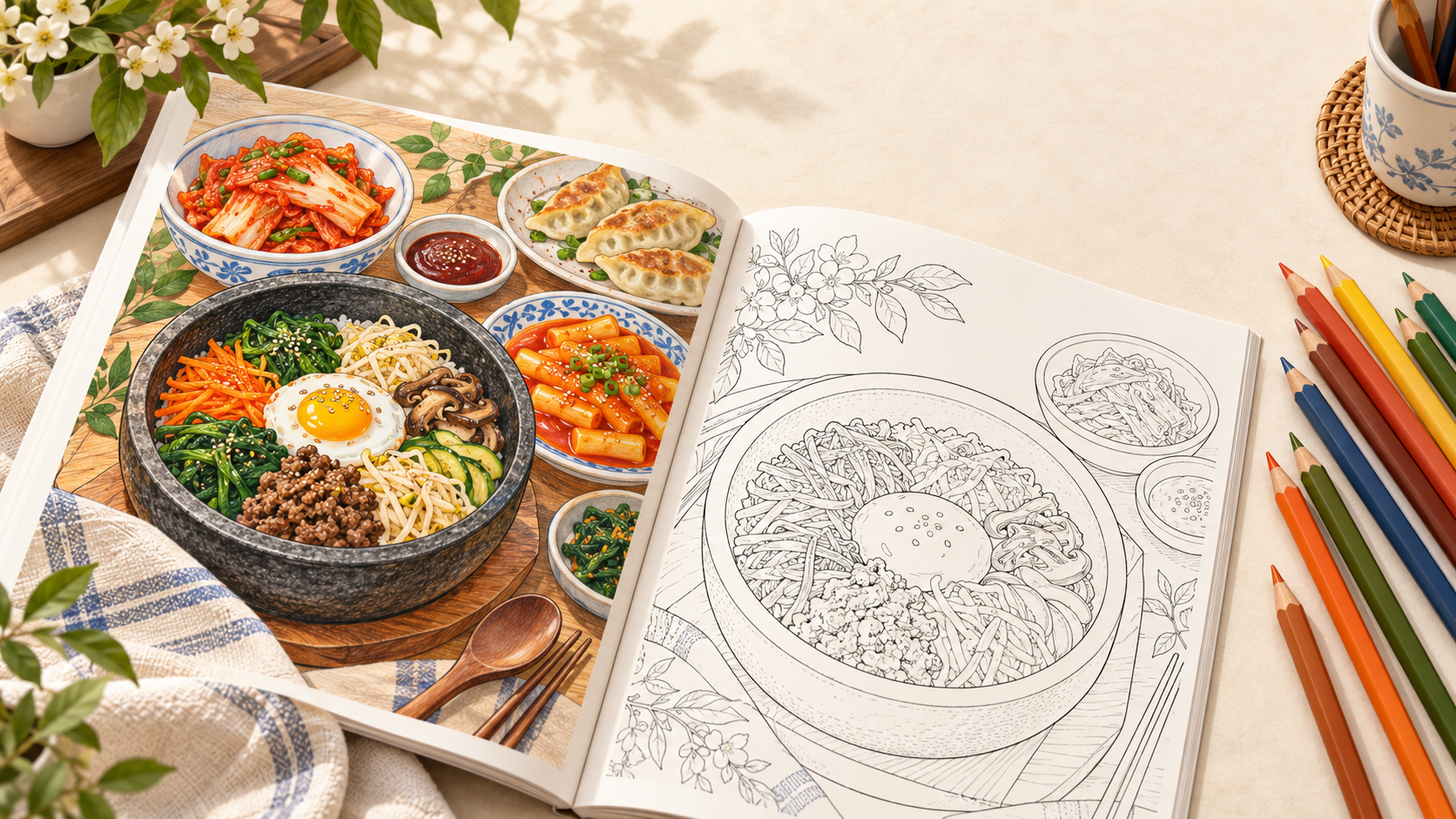 Illustrative open coloring book with Korean food, line art, and colored pencils