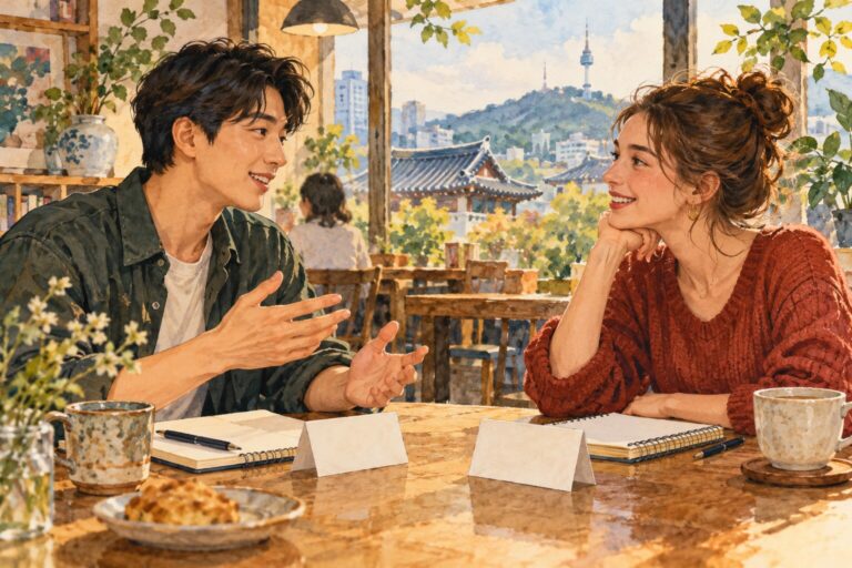 Watercolor illustration of a Korean adult and an international adult introducing themselves at a cafe with blank name cards.