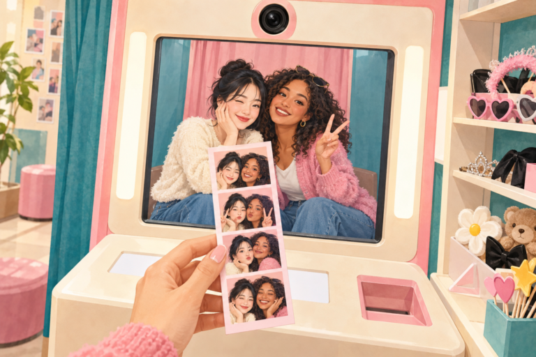 Illustration of friends posing in a Korean photo booth with a four-cut photo strip.