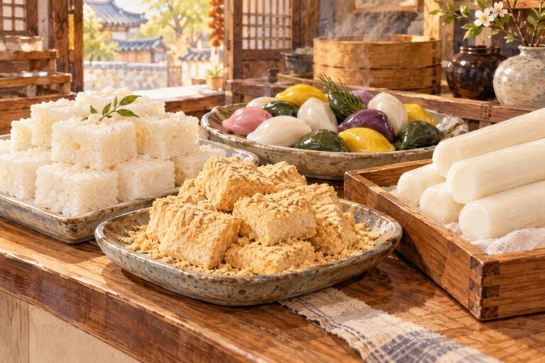 Watercolor illustration of baekseolgi, soybean-coated injeolmi, colorful songpyeon and white garaetteok on a rice-cake shop counter.