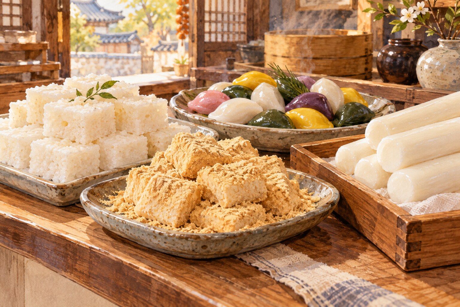 Watercolor illustration of baekseolgi, soybean-coated injeolmi, colorful songpyeon and white garaetteok on a rice-cake shop counter.