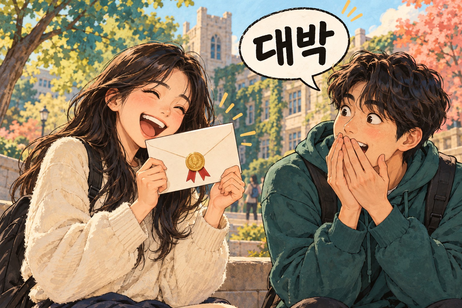 Two friends react to scholarship news with 대박, meaning awesome or no way.