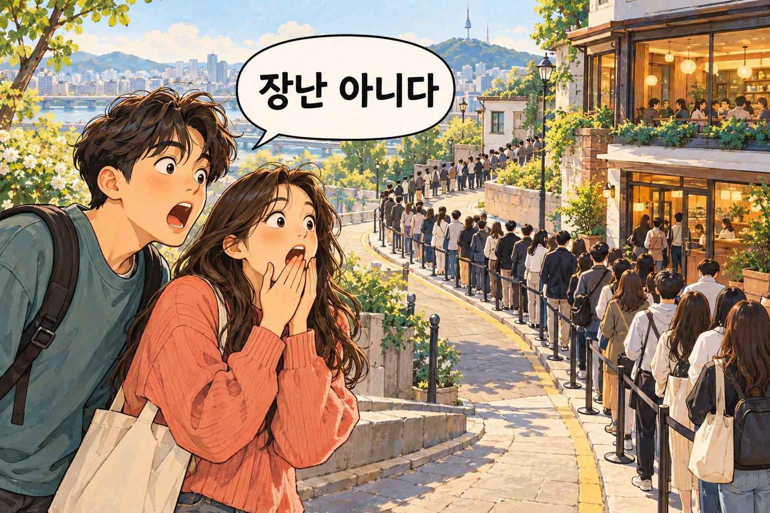 Friends see an exceptionally long cafe queue, illustrating 장난 아니다, meaning no joke.