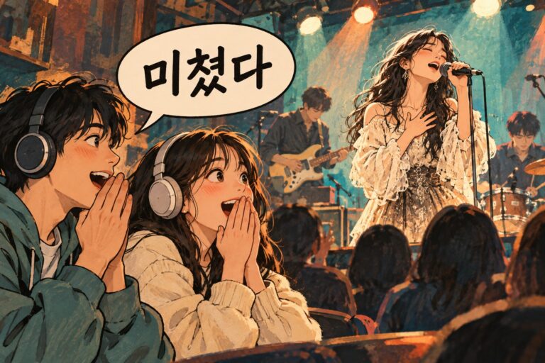 Two friends wearing headphones react in amazed admiration to an extraordinary singer on a small concert stage. Korean expression: 미쳤다.