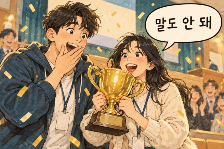 Two university friends discover their team won first place, holding a gold trophy, stunned with joy. Korean expression: 말도 안 돼.