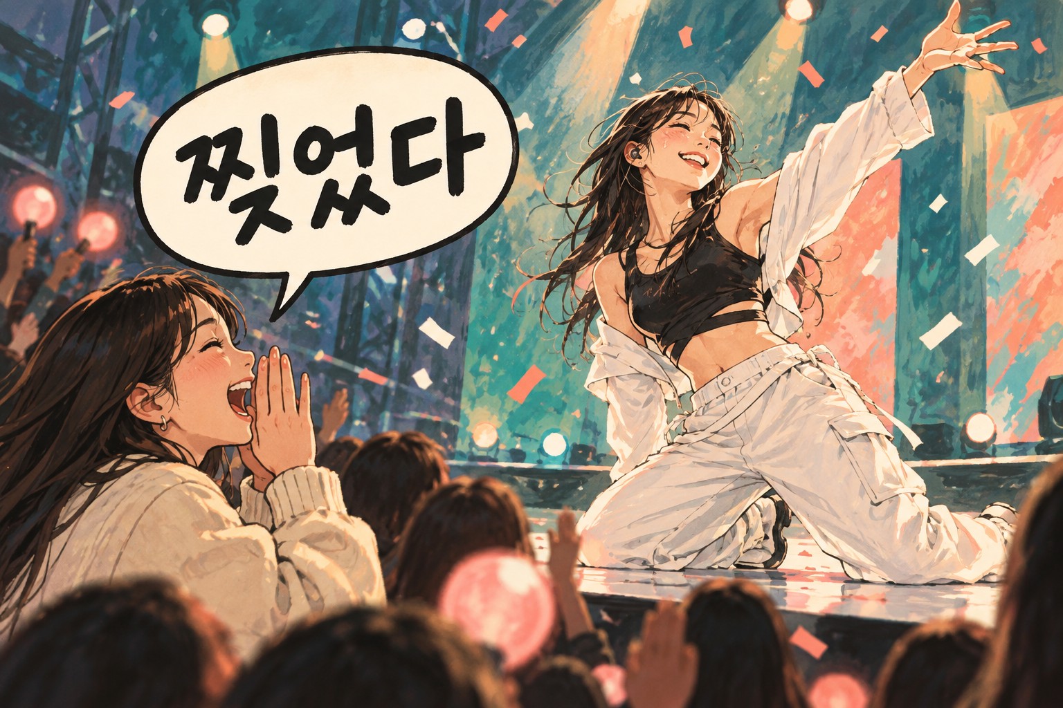 A young dancer finishes a spectacular stage performance while a friend in the audience cheers. Korean expression: 찢었다.