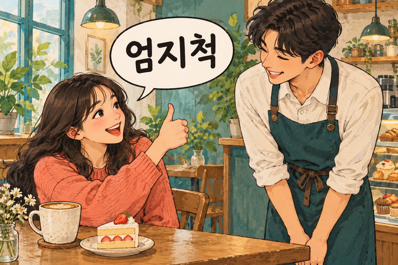 Illustration for the Korean expression 엄지척