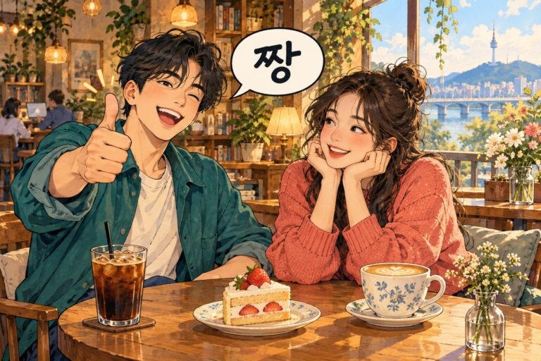 A friend praises a cafe with 짱, meaning the best.