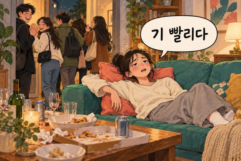 Illustration for Korean slang 기 빨리다, meaning to feel drained after an interaction.