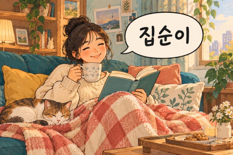 Illustration for Korean slang 집순이, meaning a woman who likes staying at home.