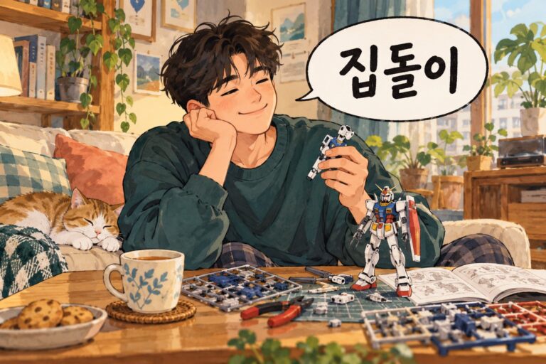 Illustration for Korean slang 집돌이, meaning a man who likes staying at home.