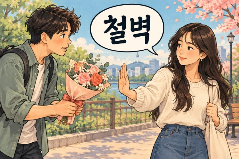 Illustration for Korean slang 철벽, meaning a firm emotional or romantic boundary.