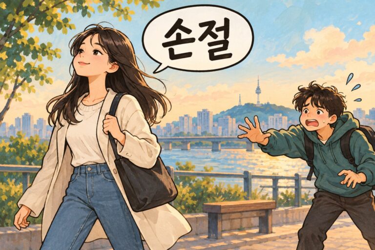 Illustration for Korean slang 손절, meaning to cut ties with someone.