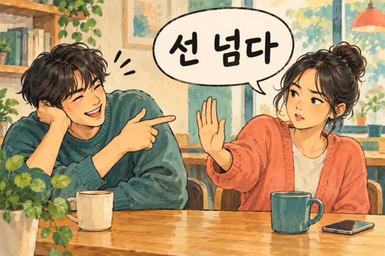 Illustration for Korean slang 선 넘다, meaning to cross a line or overstep.