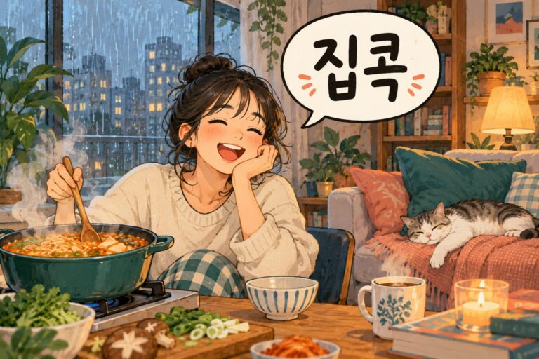 Illustration for Korean slang 집콕, meaning staying tucked away at home.