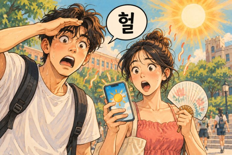 Friends react to extreme heat with 헐, expressing surprise.