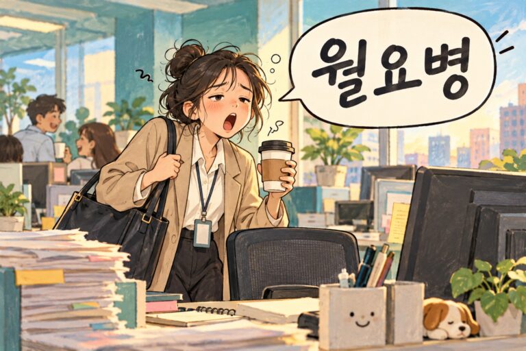 Illustration for Korean slang 월요병, meaning the Monday blues.