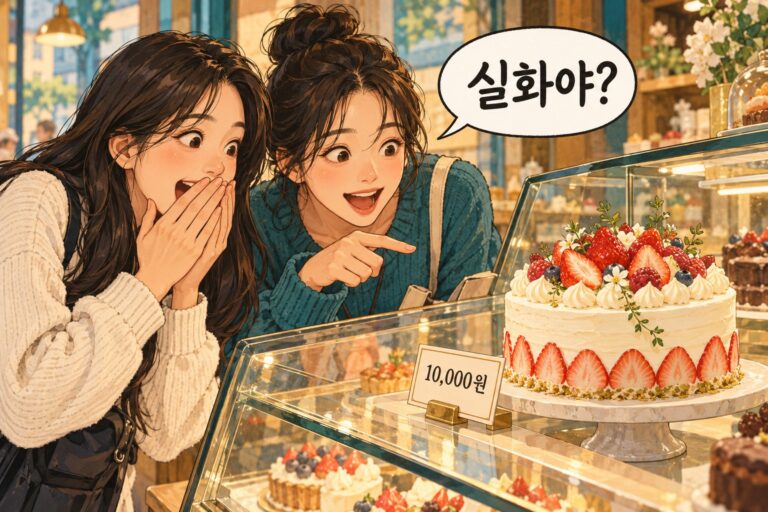 Friends see a cake priced at 10,000 won and ask 실화야?, meaning is this for real?