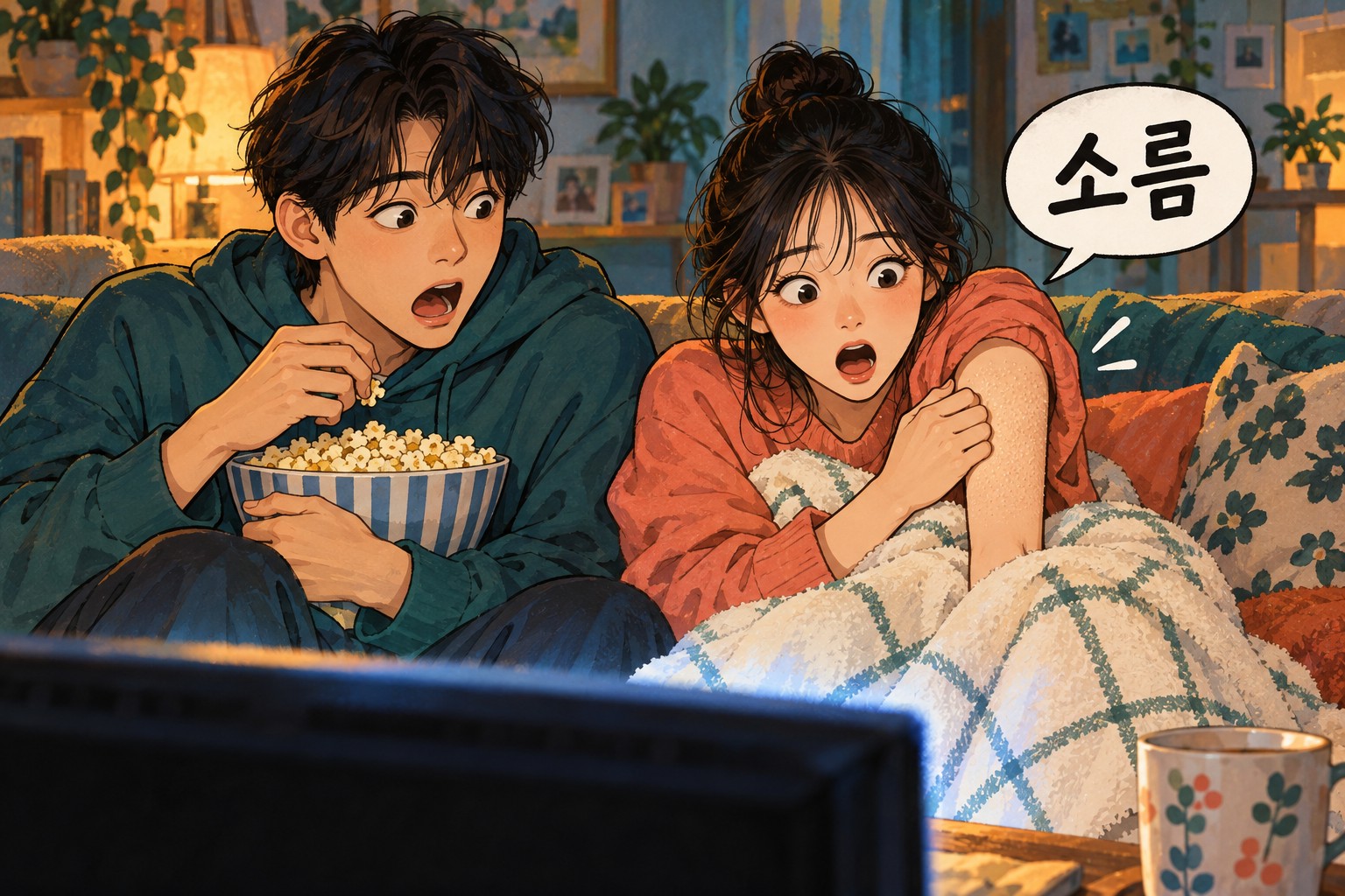 Friends get goosebumps at a movie twist, illustrating 소름.