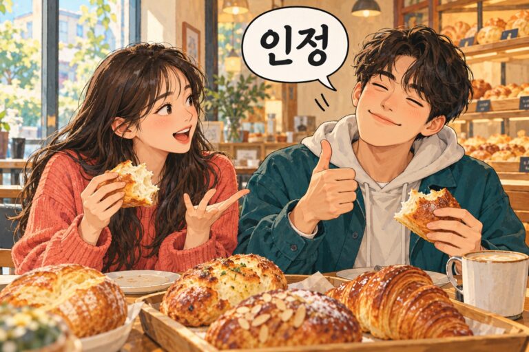 Friends agree about delicious bread, illustrating 인정, meaning agreed.