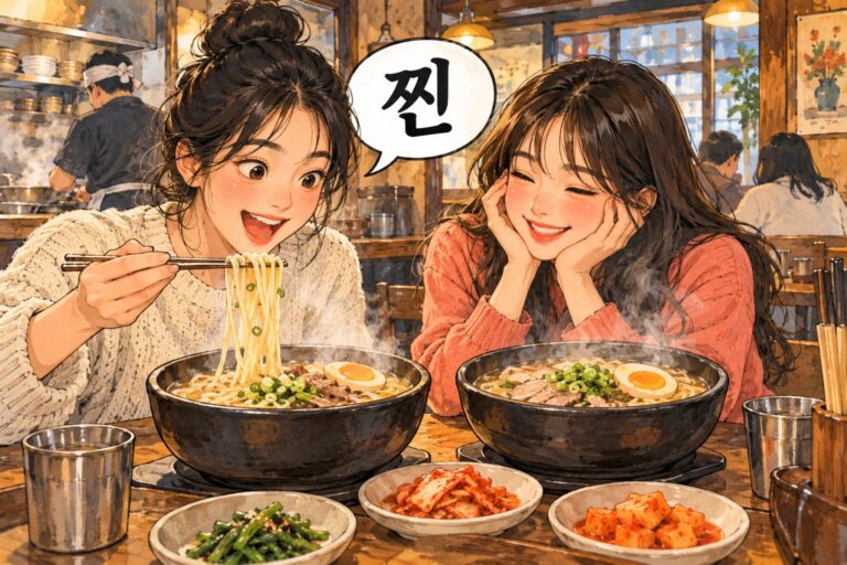 Friends enjoy noodles at a genuine favorite restaurant, illustrating 찐.