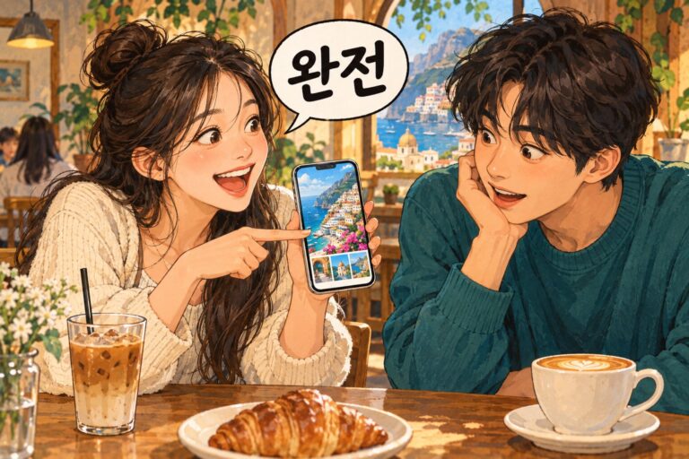 A friend enthusiastically describes a trip, illustrating 완전, meaning totally.