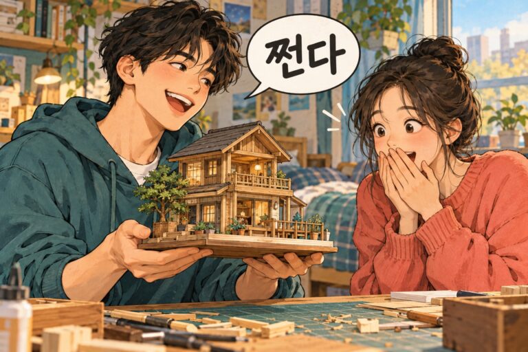 Friends admire a handmade miniature house, illustrating 쩐다.
